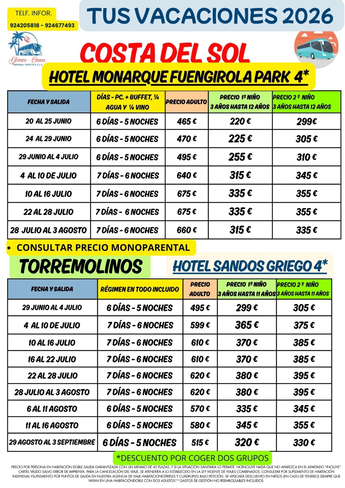 FECHAS PARA FUENGIROLA HOTEL MONARQUE Y TORREMOLINOS